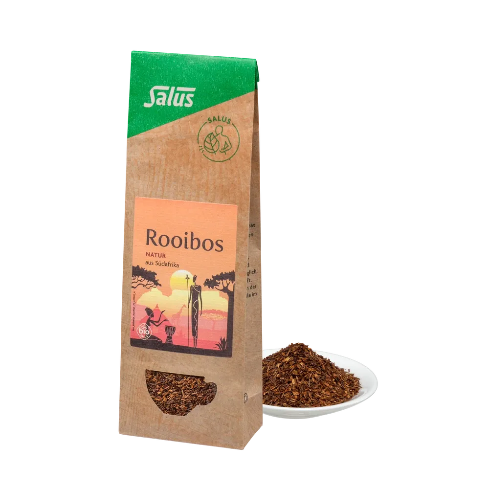 Salus Rooibos Natur Bio Tee 75 g – Packung mit losem Rooibos auf Teller
