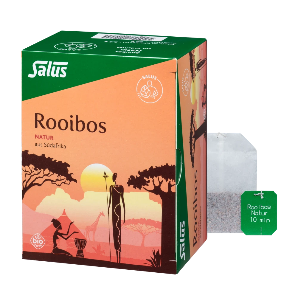 Salus Rooibos Natur Bio Filterbeutel – Packung mit losem Teebeutel daneben