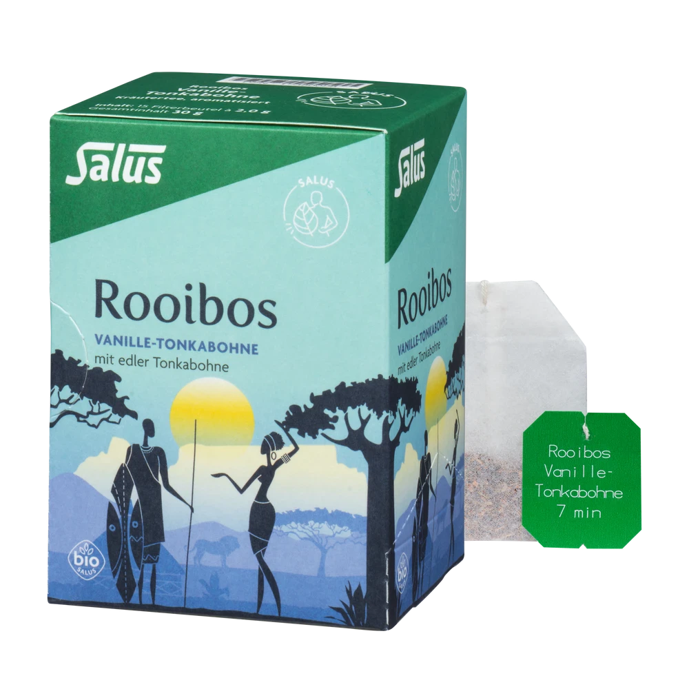 Salus Rooibos Vanille-Tonkabohne Bio Tee – Verpackung mit losem Teebeutel