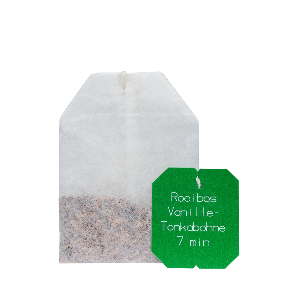 Teebeutel Salus Rooibos Vanille-Tonkabohne mit Aufdruck 7 Minuten Ziehzeit