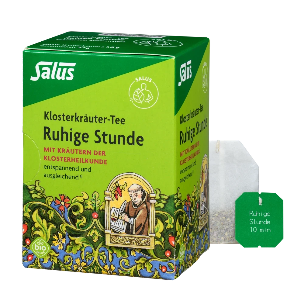 Salus Ruhige Stunde Klosterkräuter-Tee Bio – Packung mit geöffnetem Teebeutel und grünem Anhänger