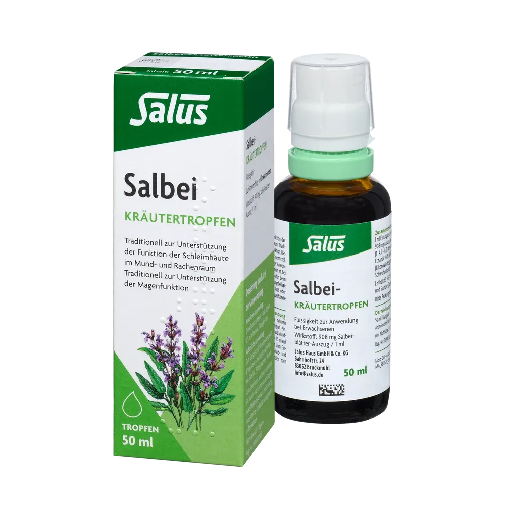 Salus Salbei-Kräutertropfen bio 50 ml – Flasche und Verpackung nebeneinander