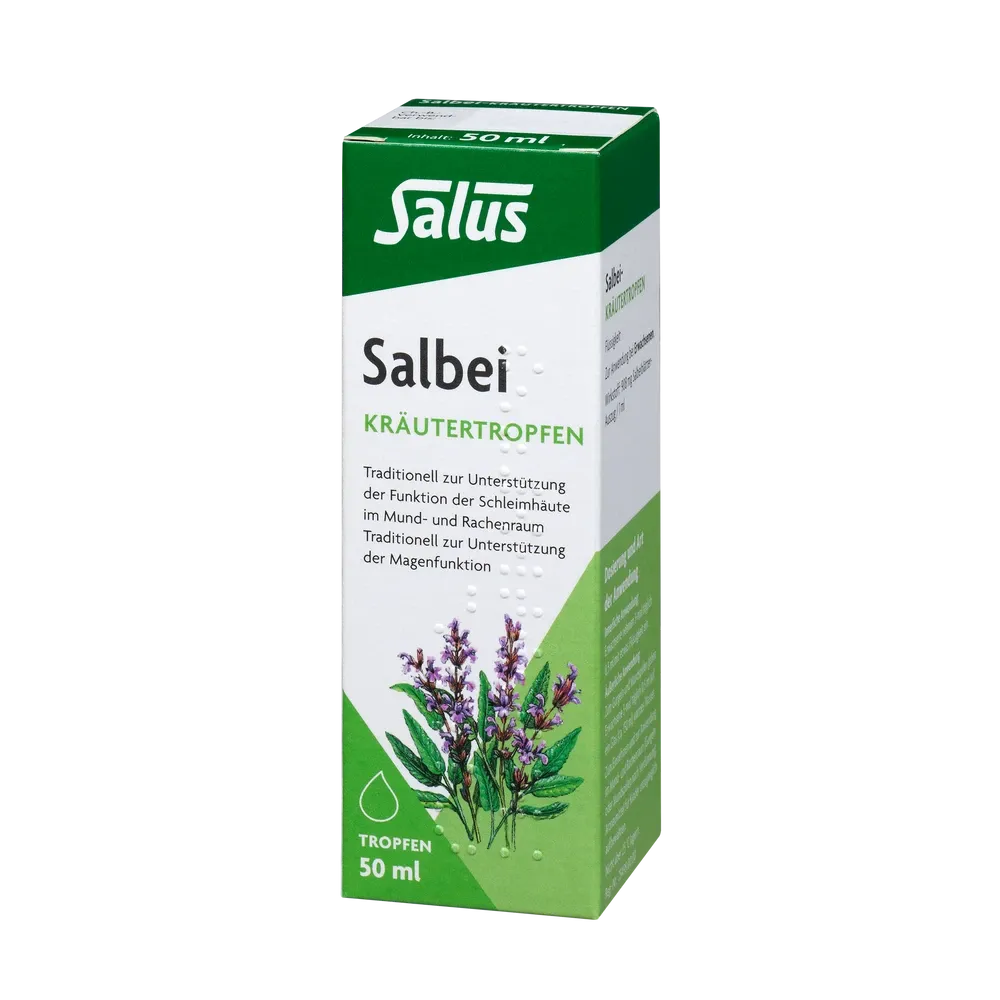 Salus Salbei-Kräutertropfen bio 50 ml – Vorderansicht der Verpackung mit Abbildung der Salbeipflanze