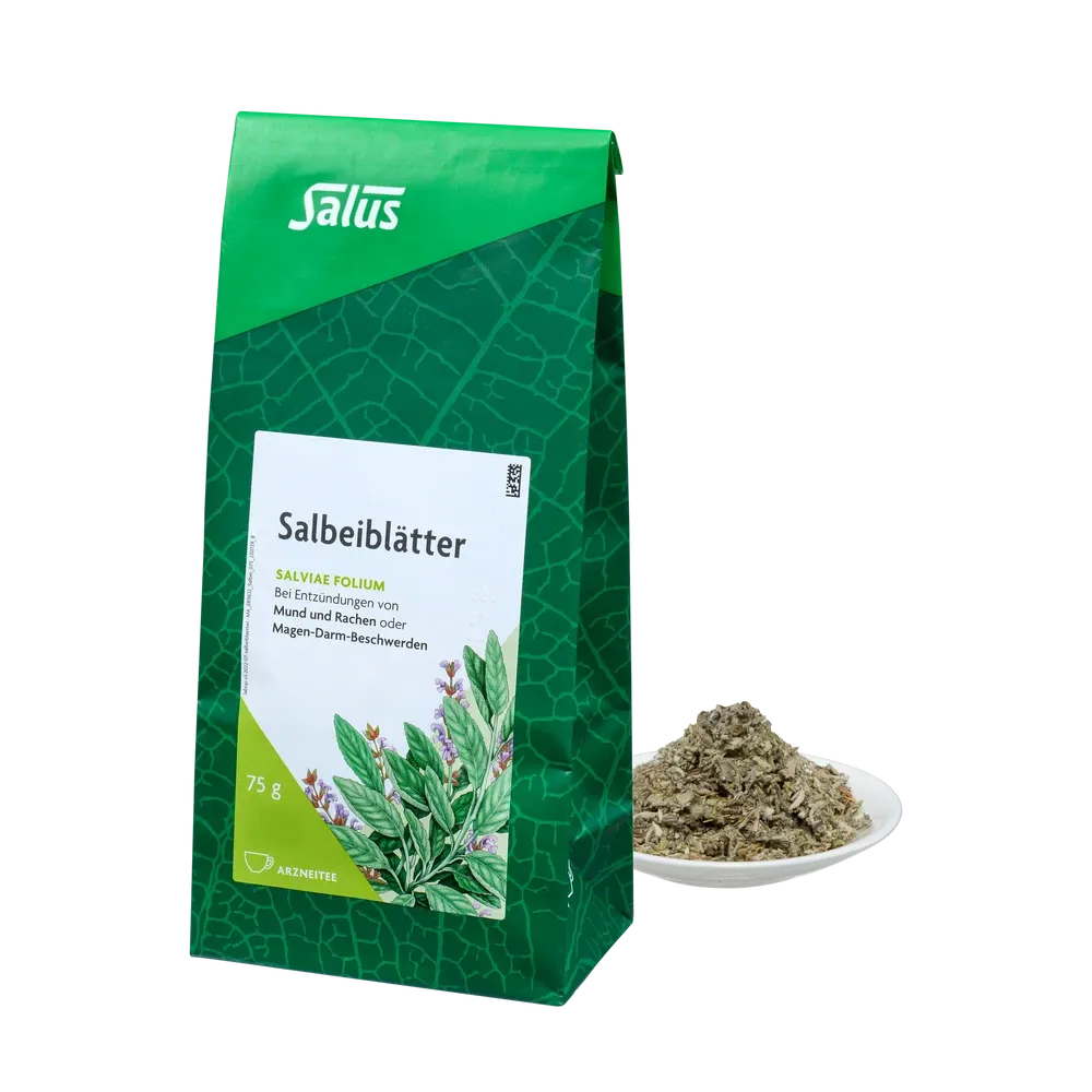 Verpackung Salus® Salbeiblätter Tee 75 g mit losem Bio-Tee auf Teller