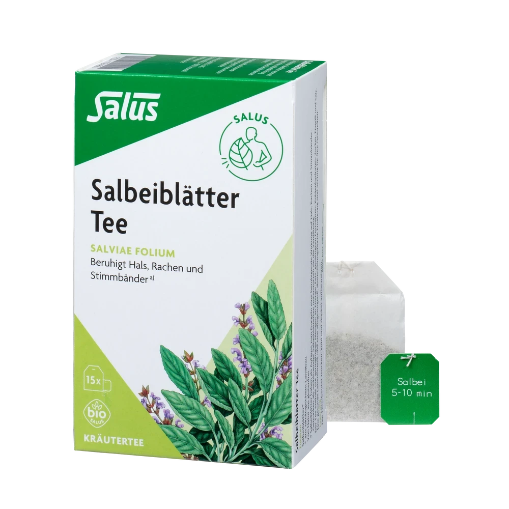 Salus Salbeiblätter Tee Bio 15 Filterbeutel – Produktverpackung mit losem Teebeutel davor