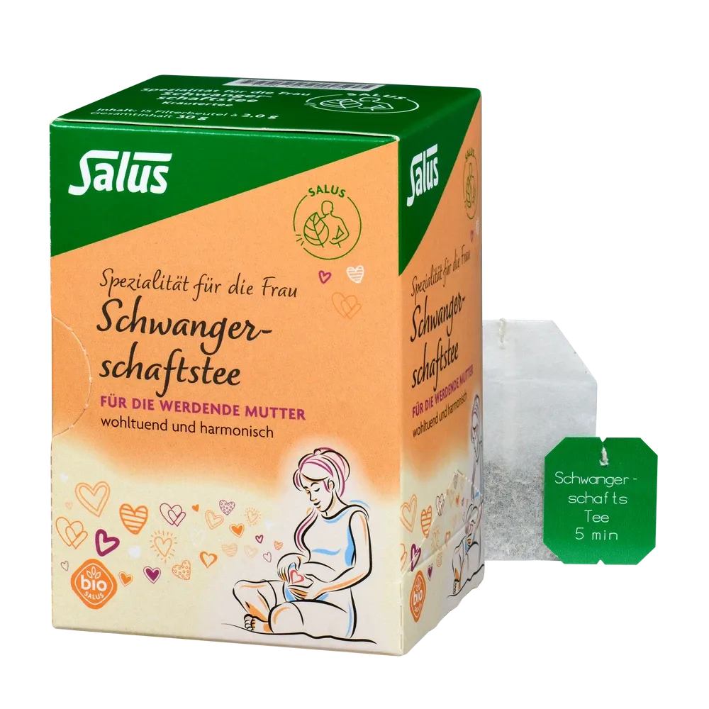 Salus Schwangerschaftstee Bio 15 Filterbeutel – Verpackung mit Teebeutel