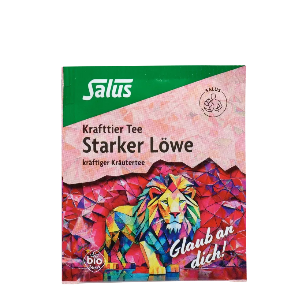 Starker Löwe Tee Bio von Salus – Frontansicht der Verpackung mit farbigem Löwenmotiv und Bio-Siegel