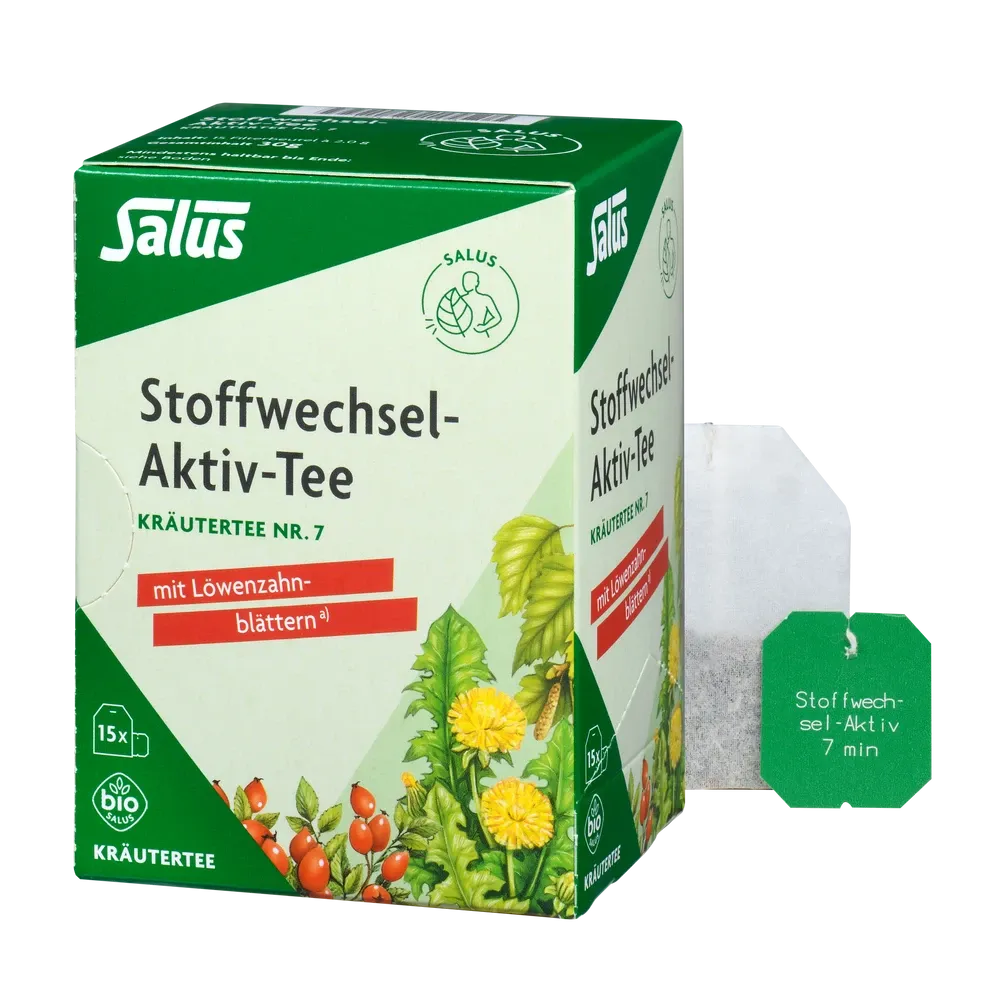 Salus Stoffwechsel-Aktiv Tee bio Kräutertee Nr. 7 Packung und einzelner Teebeutel, 15 Filterbeutel mit Löwenzahnblättern aus kontrolliert biologischem Anbau