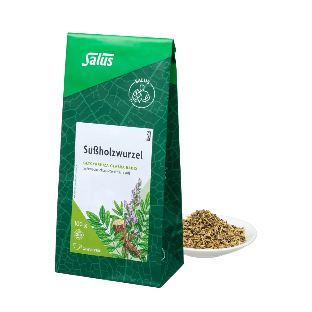 Salus Süßholzwurzel Bio Tee lose 100 g – Produktfoto mit Packung und loser Süßholzwurzel auf Teller