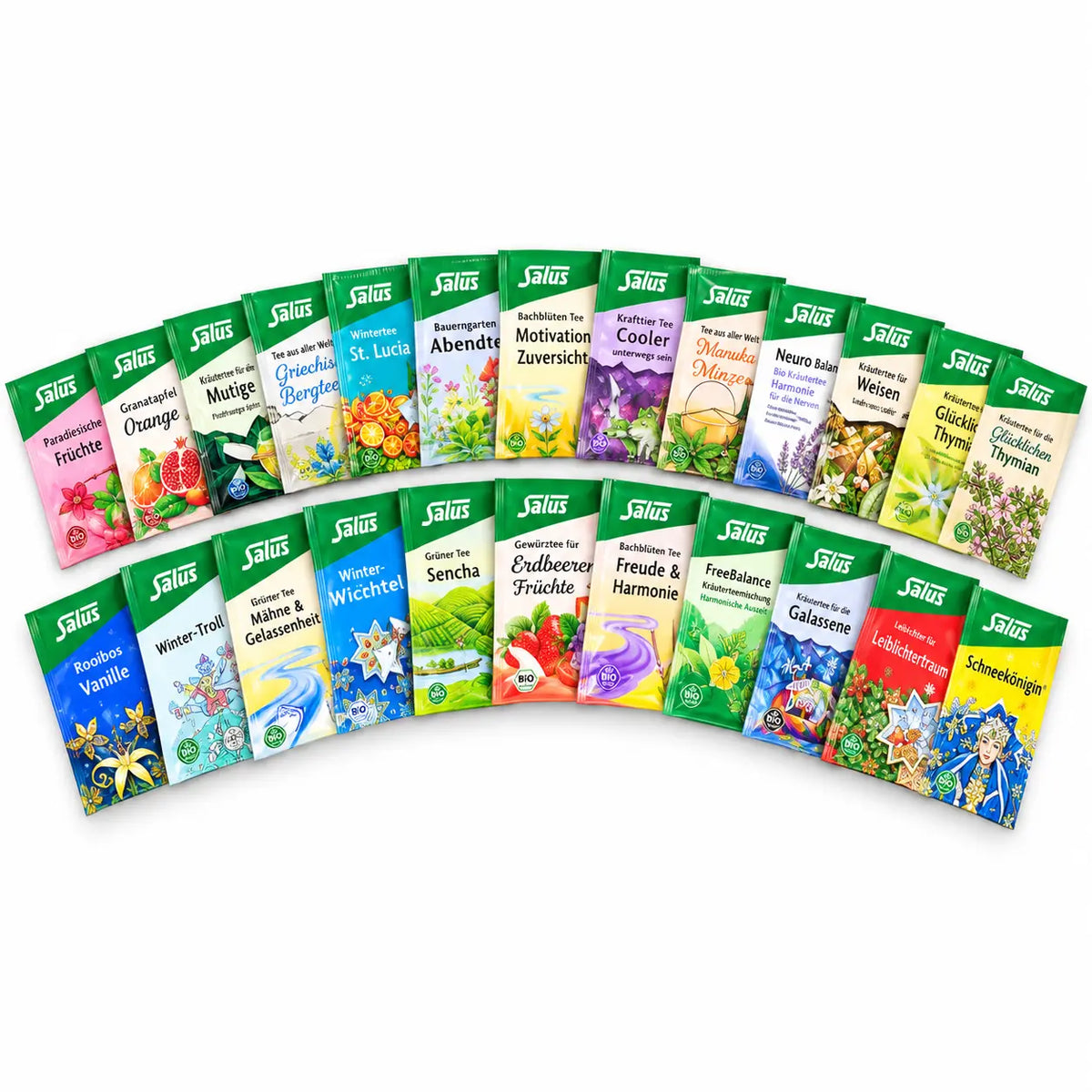 24 verschiedene Bio-Teesorten aus dem Salus Tee Adventskalender