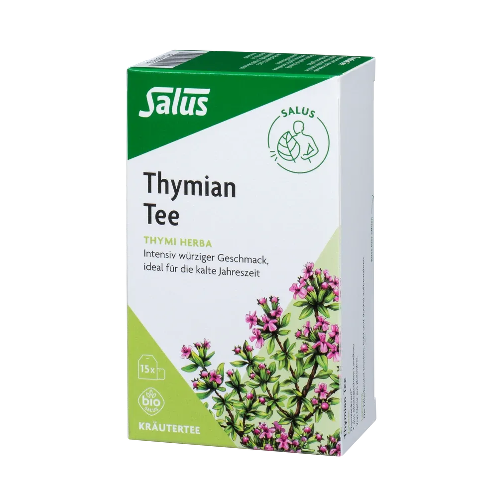 Salus Thymian Tee Bio 15 Filterbeutel – Vorderansicht der Verpackung mit Thymiankraut-Illustration