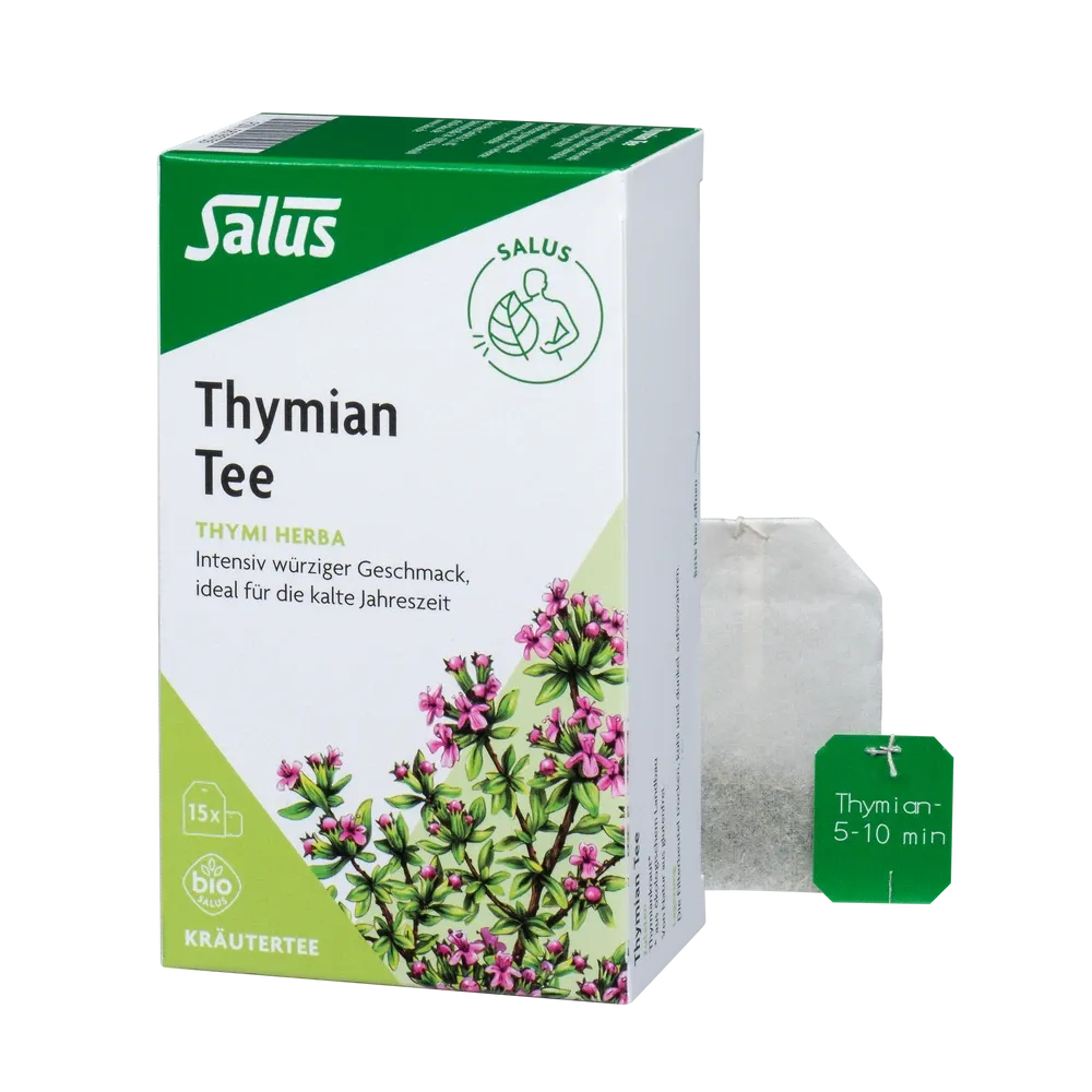 Salus Thymian Tee Bio – Verpackung mit Thymiankraut-Illustration und Teebeutel im Vordergrund