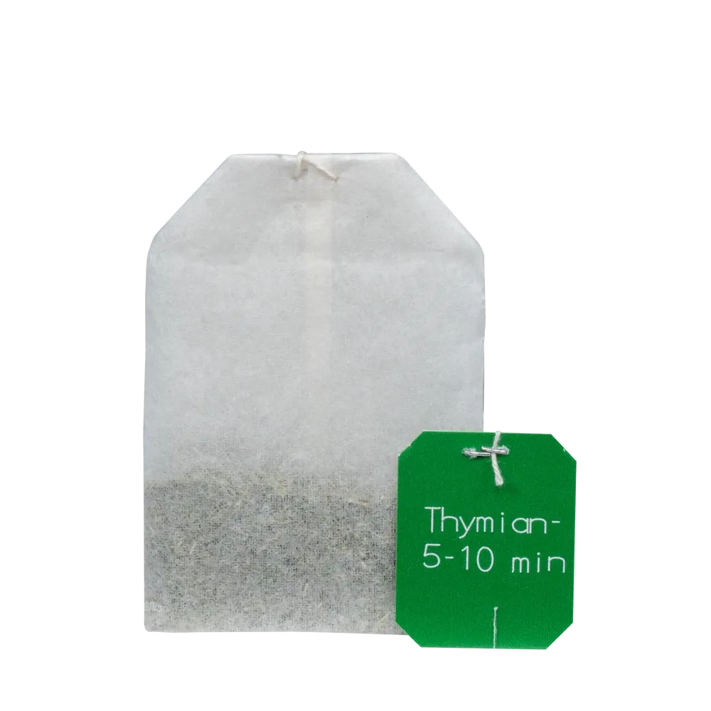 Thymian Tee Bio Salus – einzelner Teebeutel mit grünem Anhänger und Aufschrift 5–10 Min.