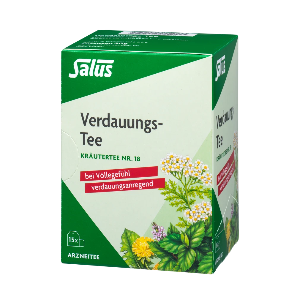 Salus Verdauungs-Tee Kräutertee Nr. 18 Packung Vorderseite – 15 Filterbeutel Arzneitee bei Völlegefühl und zur Unterstützung der Verdauung