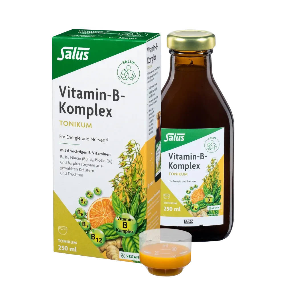 Salus Vitamin-B-Komplex Tonikum 250 ml in Verpackung mit Messbecher, Nahrungsergänzung für Energie und Nerven