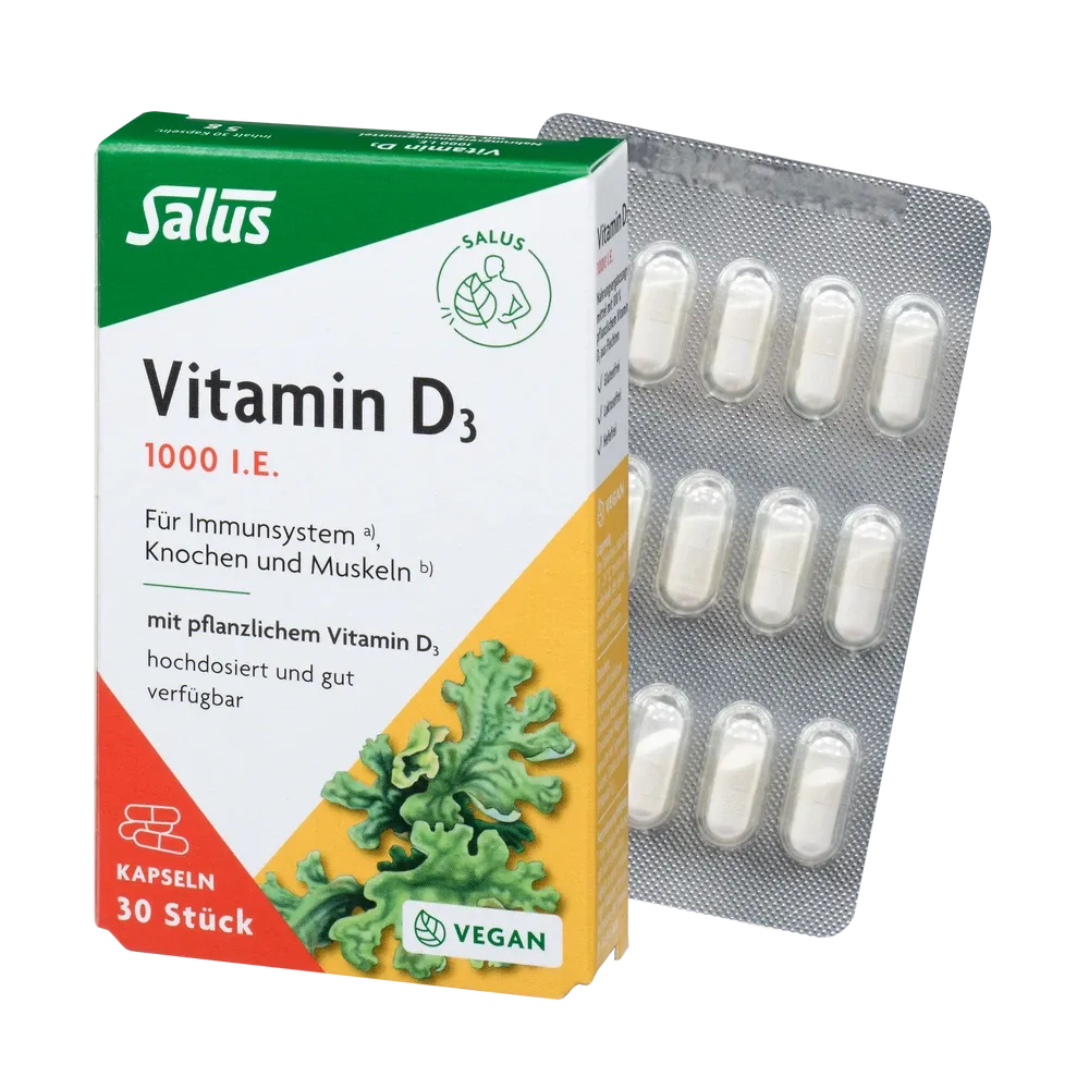 Salus Vitamin D3 1000 I.E. Kapseln 30 Stück – hochdosiertes veganes Vitamin D3 aus Flechten