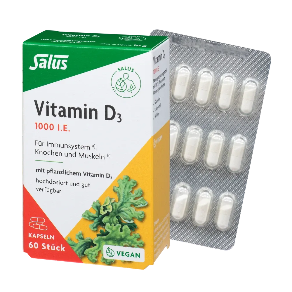 Salus Vitamin D3 1000 I.E. Kapseln 60 Stück – veganes Vitamin D3 für Immunsystem, Knochen und Muskeln