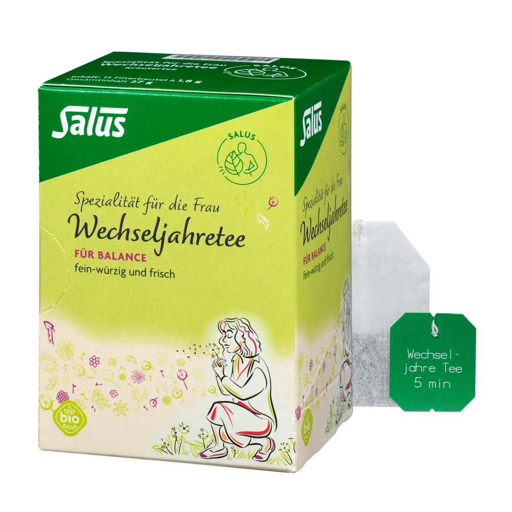 Salus Wechseljahretee Bio – Verpackung mit Teebeutel kombiniert