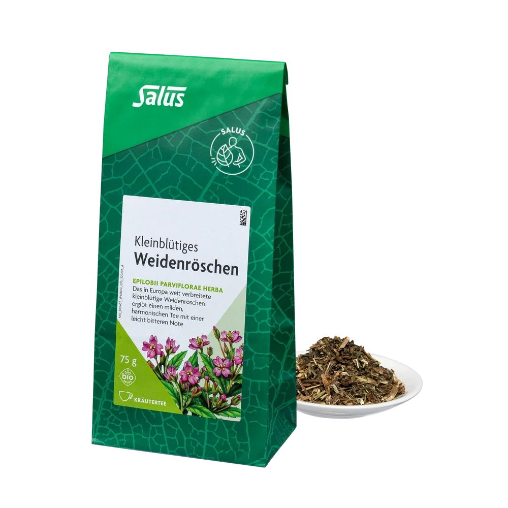 Salus® Weidenröschen Tee Bio 75 g – Packung und lose Kräuter auf weißem Teller