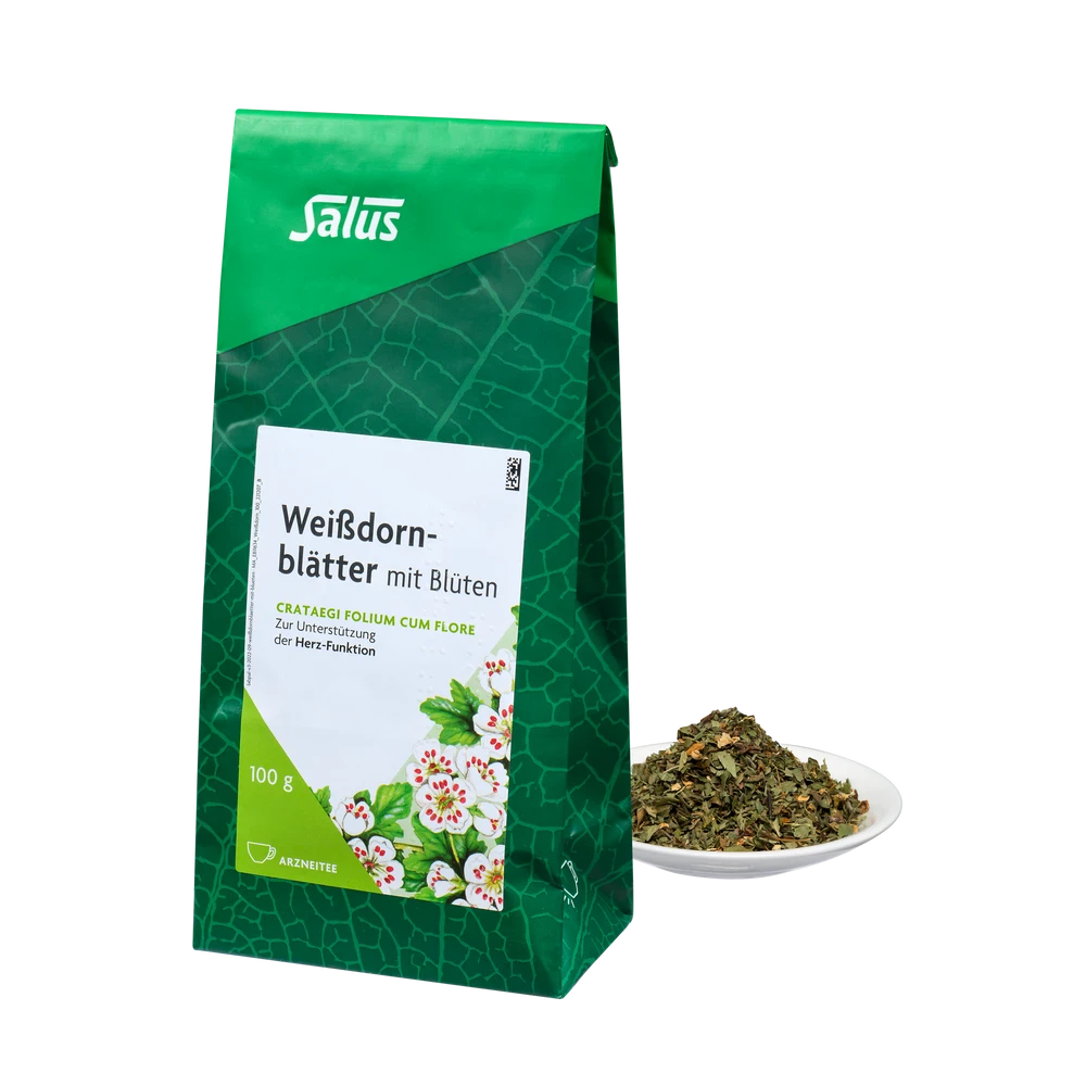 Salus Weißdornblätter mit Blüten Arzneitee Bio 100g Packung mit losem Tee auf Teller – vegan, bio, lose, zur Unterstützung der Herz-Kreislauf-Funktion