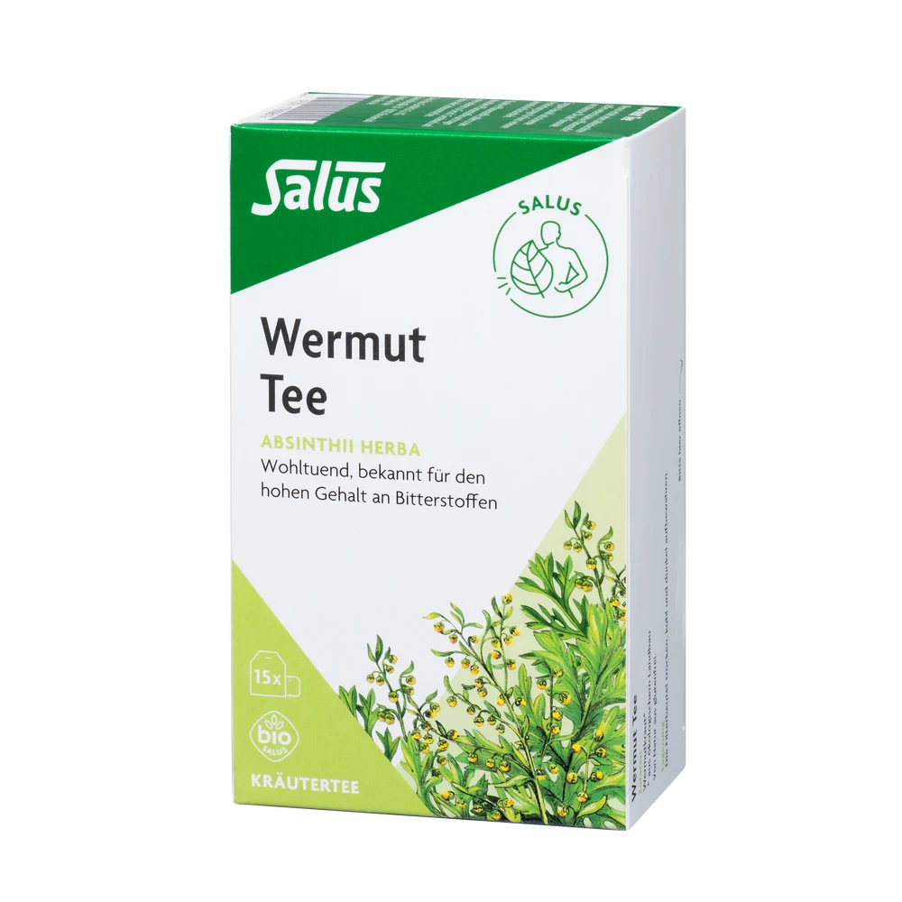 Salus Wermut Tee bio 15 Filterbeutel Verpackung – Vorderansicht der Teepackung mit Kräutermotiv und Bio-Siegel