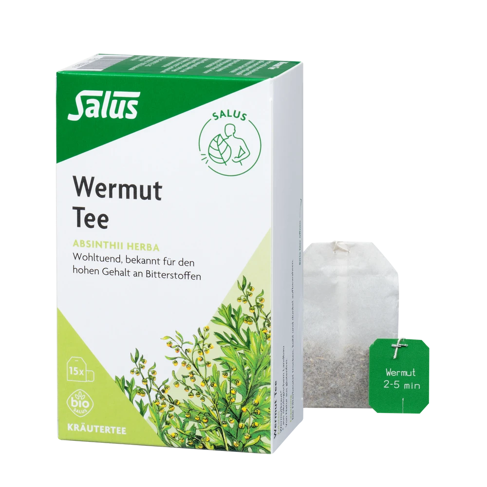 Salus Wermut Tee bio Packung mit Teebeutel – Produktfoto mit Verpackung und losem Teebeutel, Bio-Kräutertee mit hohem Gehalt an Bitterstoffen