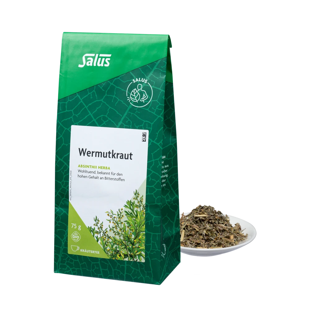 Salus Wermutkraut Tee bio lose 75g im Beutel mit Portion losem Wermutkraut auf Teller