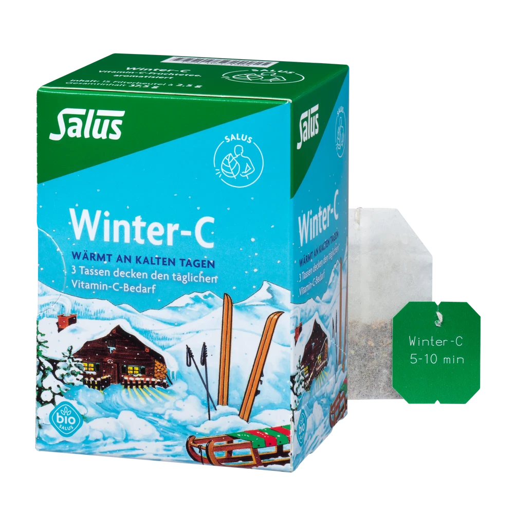 Salus Winter-C Bio-Tee – Packung mit winterlichem Design und passendem Filterbeutel