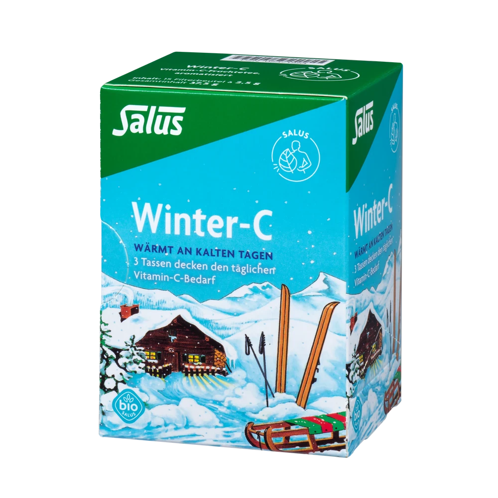 Salus Winter-C Bio-Tee – Vorderansicht der Packung mit Winterlandschaft, Holunderbeeren, Zimt und Acerola