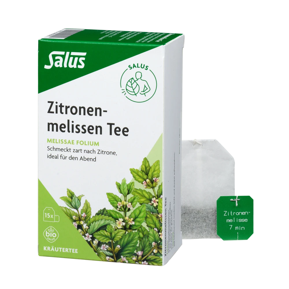 Salus Zitronenmelissen Tee Bio Packung mit Teebeutel – Kombination aus Produktpackung und losem Teebeutel mit Anhänger.