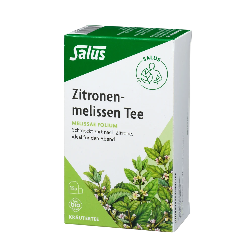 Salus Zitronenmelissen Tee Bio 15 Filterbeutel Packung – Vorderseite mit Produktbezeichnung und Illustration der Zitronenmelisse.
