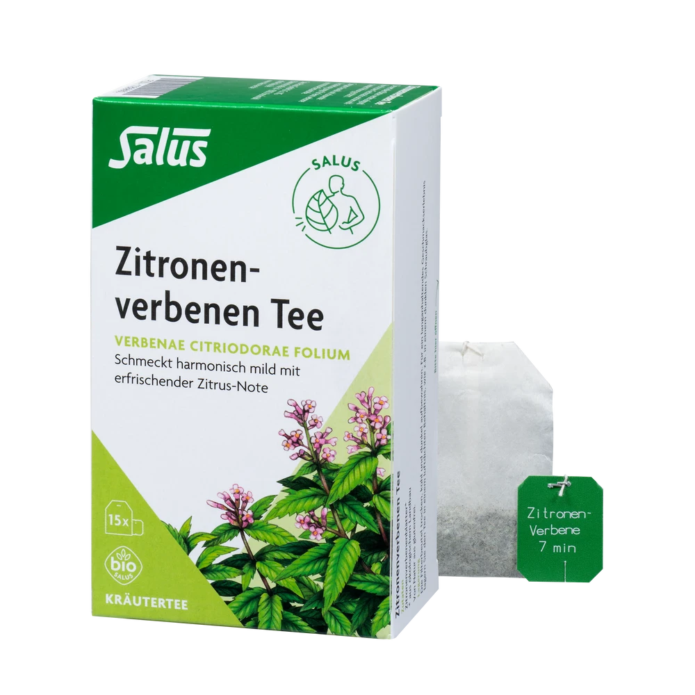 Salus Zitronenverbene Tee Bio 15 Filterbeutel mit geöffneter Verpackung und losem Teebeutel