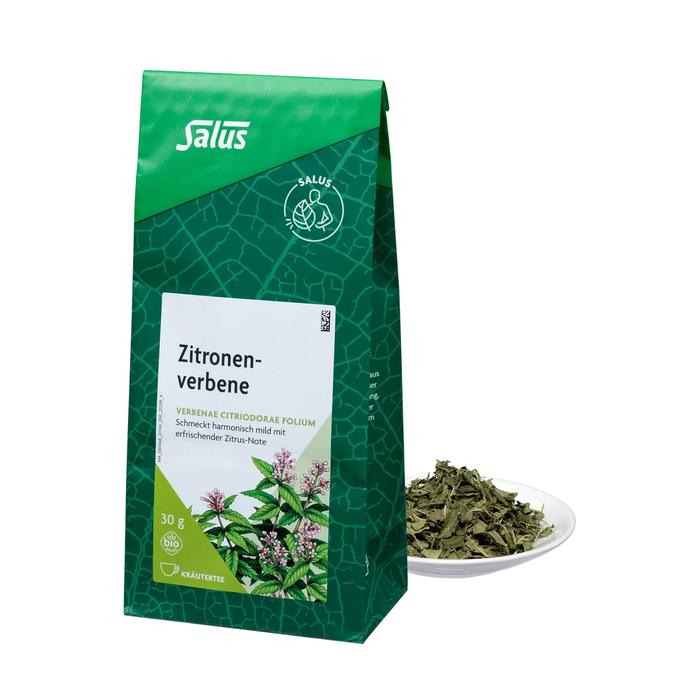 Salus Zitronenverbene Tee Bio lose 30 g – Verpackung mit losem Tee auf Teller