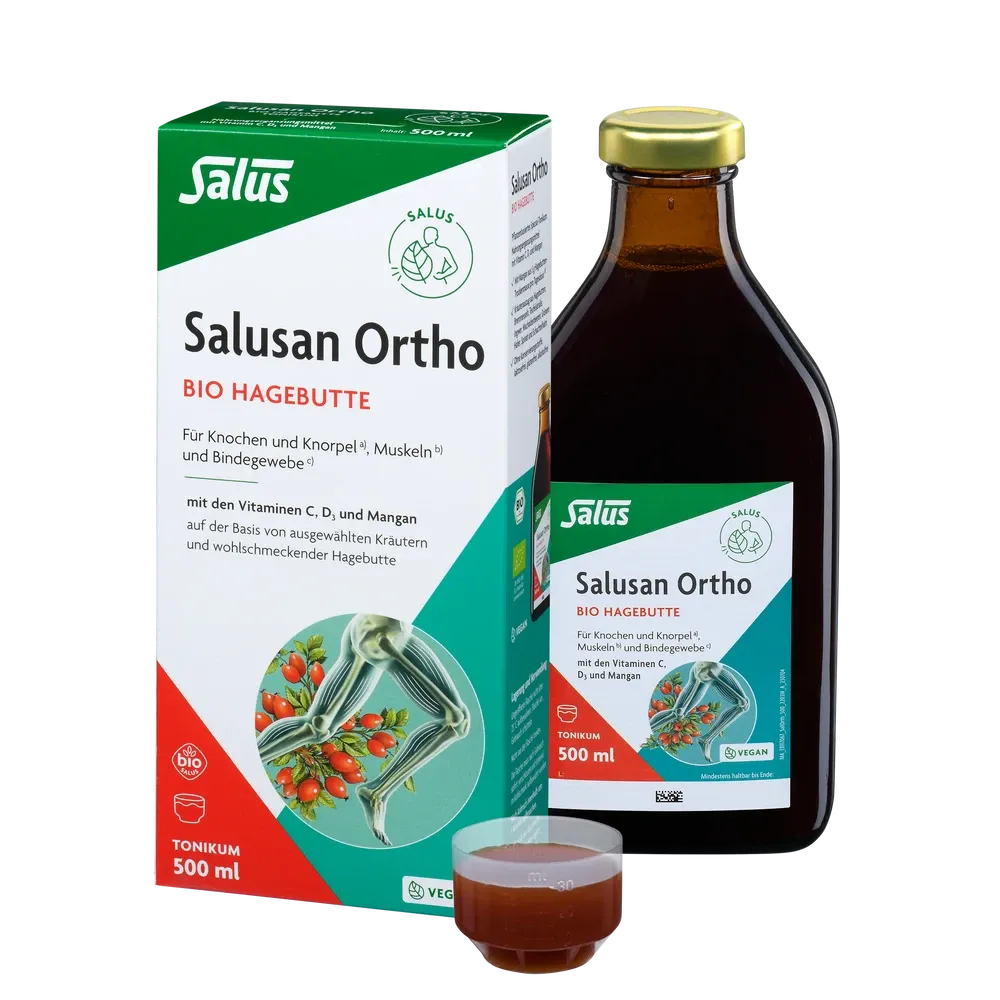 Salusan Ortho Bio-Hagebutten-Tonikum 500 ml – Set mit Verpackung, Glasflasche und Dosierbecher