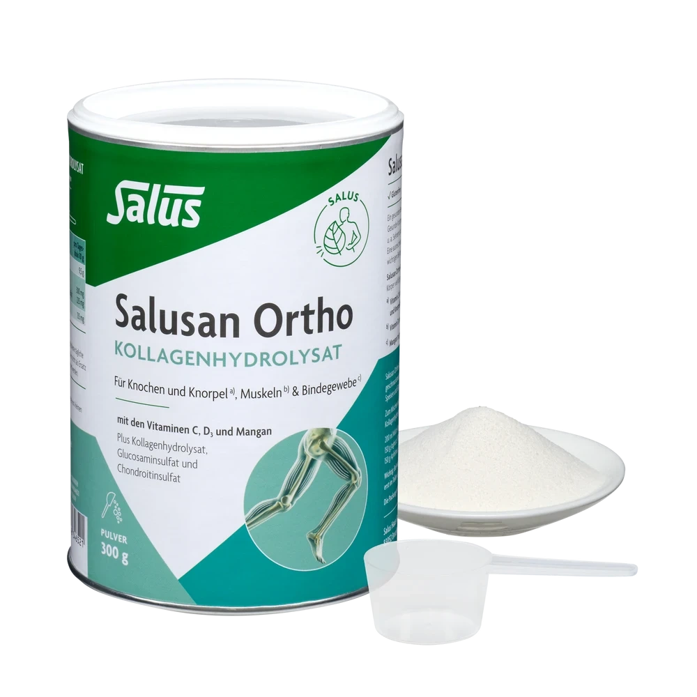 Salusan Ortho Kollagenhydrolysat Pulver 300 g mit Dosierlöffel und Pulver auf Teller