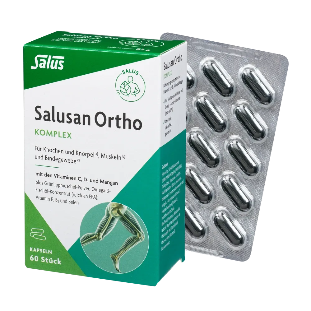 Salusan® Ortho Komplex-Kapseln 60 Stück – Verpackung und geöffneter Blister von Salus