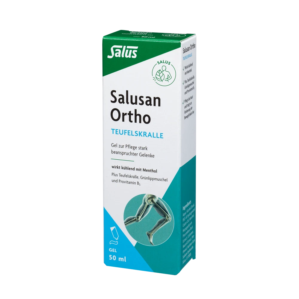 Salusan Ortho Teufelskralle-Gel 50 ml Packung Vorderansicht – kühlendes Gelenkpflegegel mit Menthol, Teufelskralle, Grünlippmuschel und Provitamin B5