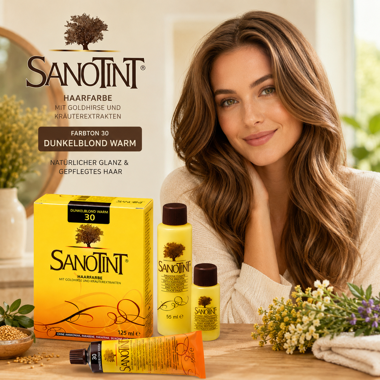 Glänzendes Haar im Farbton Dunkelblond Warm neben der SANOTINT Haarfarbe Nr. 30