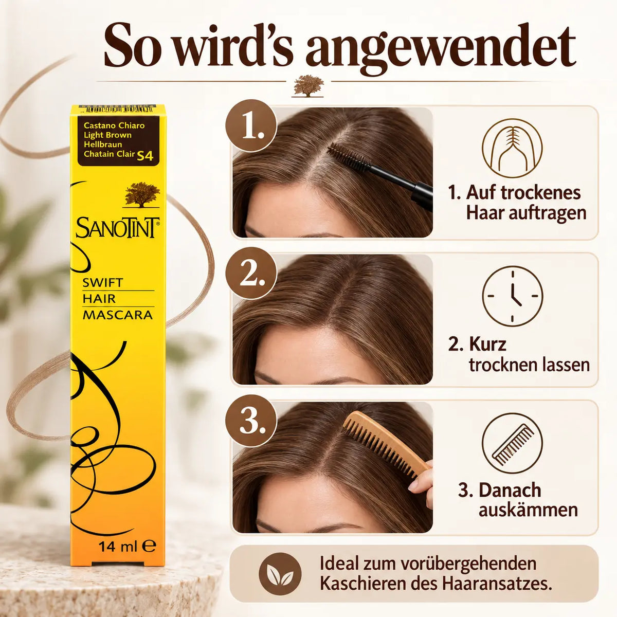Anwendung der SANOTINT Swift S4 Haar Mascara auf trockenem Haaransatz und anschließendes Auskämmen