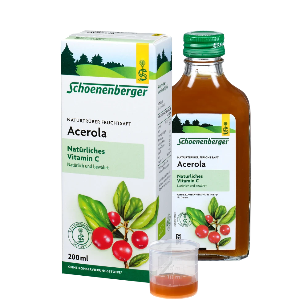 Schoenenberger Acerola Saft Bio naturtrüb 200 ml mit Messbecher und Verpackung