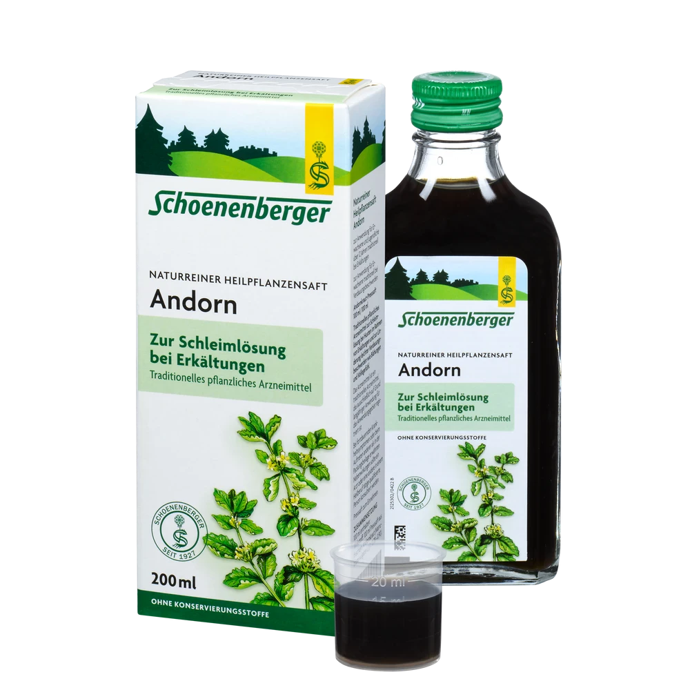 Schoenenberger Andorn Saft Bio 200 ml – Flasche, Verpackung und Messbecher