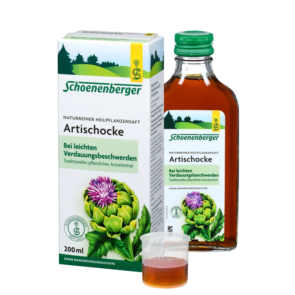 Schoenenberger Artischocken Saft Bio 200 ml – Set mit Flasche, Verpackung und Dosierbecher