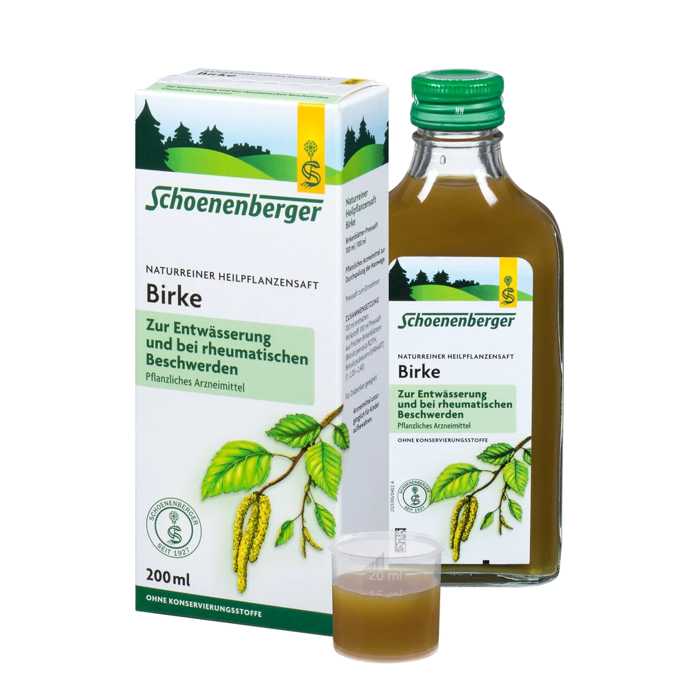 Schoenenberger Birke Pflanzensaft 200 ml – naturreiner Presssaft mit Packung, Glasflasche und Dosierbecher