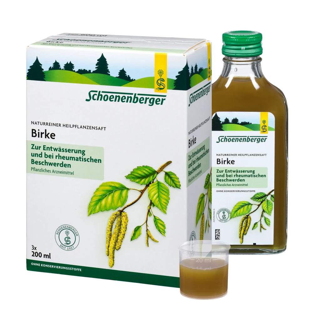 Schoenenberger Birke Pflanzensaft 3×200 ml – naturreiner Presssaft aus frischen Birkenblättern in Packung mit Glasflasche und Dosierbecher