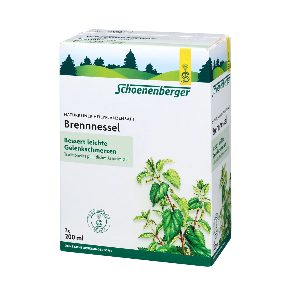 Schoenenberger Brennnessel Pflanzensaft – Packung 3x200 ml, naturreiner Heilpflanzensaft, Vorderseite