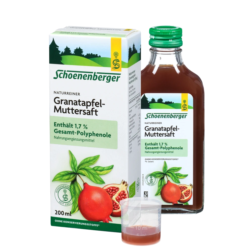 Schoenenberger Granatapfel-Muttersaft Bio 200 ml mit Faltschachtel, Glasflasche und Dosierbecher
