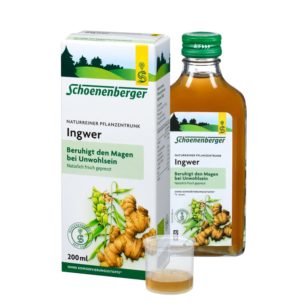 Schoenenberger Ingwer Pflanzentrunk Bio 200ml mit Verpackung, Flasche und Dosierbecher