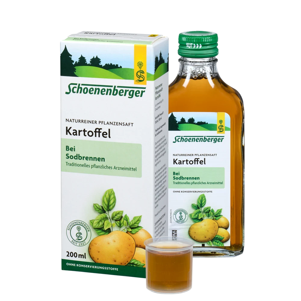 Schoenenberger Kartoffel Pflanzensaft bio 200 ml mit Flasche, Verpackung und Dosierbecher