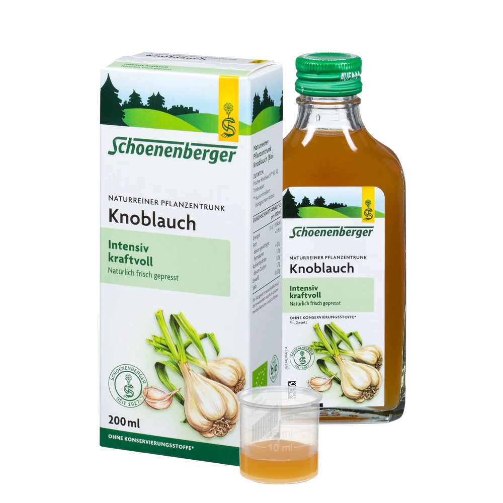 Schoenenberger Knoblauchsaft Bio 200ml – Flasche, Faltschachtel und Dosierbecher zusammen
