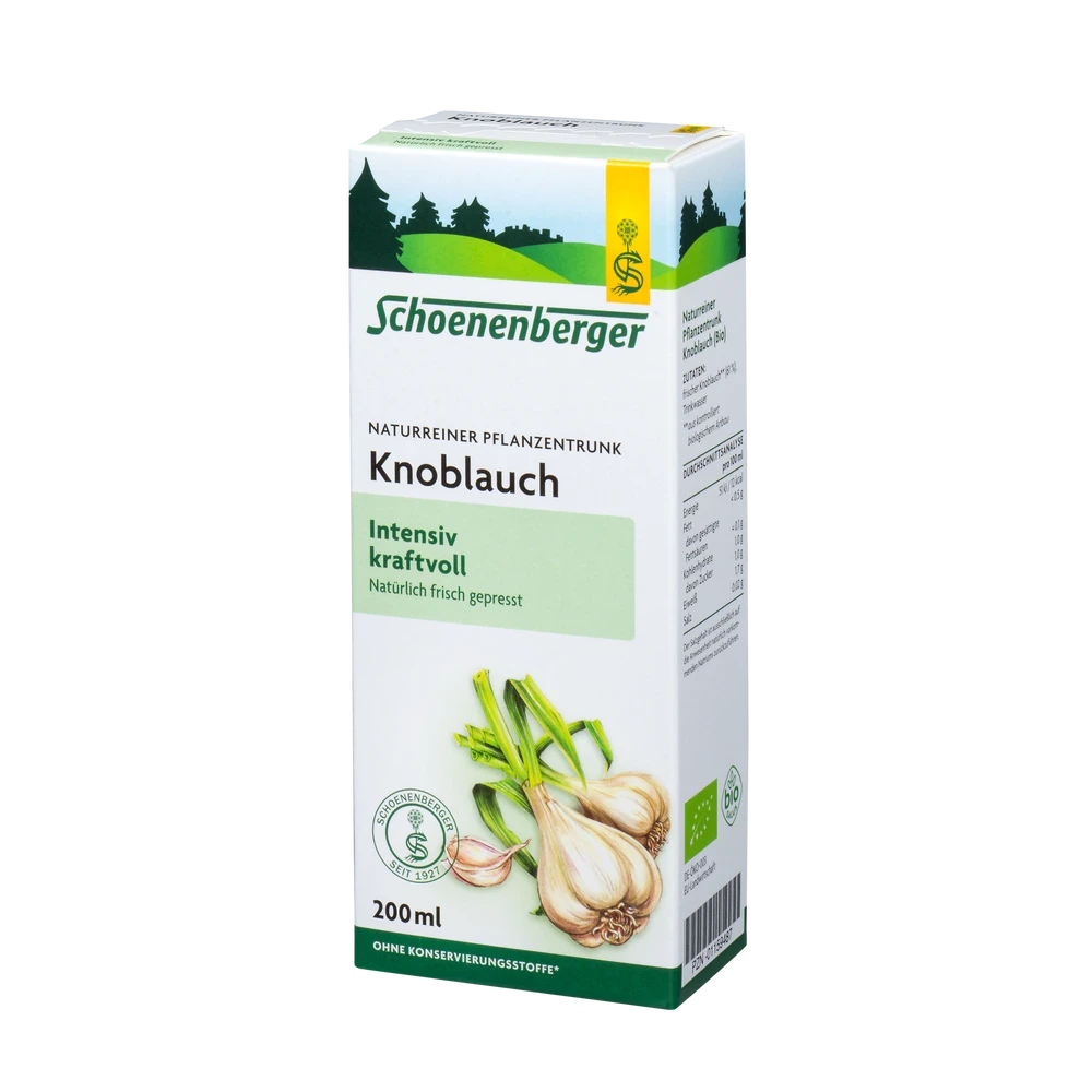Schoenenberger Knoblauchsaft Bio 200ml – naturreiner Pflanzentrunk in Faltschachtel